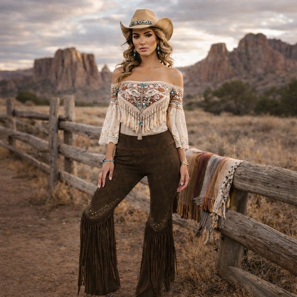 T Party Pants - T Party Boho Western Studded Fringe Flare Pants Brown Acid Wash Size Small